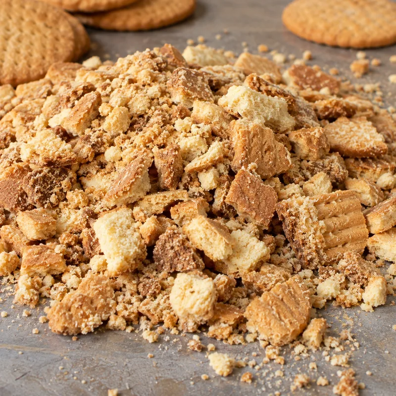Galletas enteras rotas en trozos de distintos tamaños, no pulverizadas